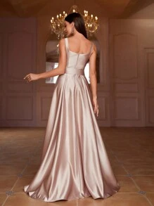 Faeriesty Đầm dạ hội satin thanh lịch dành cho nữ, cổ vuông và có chi tiết thắt lưng, dáng dài xòe không tay. - Rượu sâm banh - Xem 2