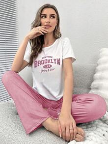 Slogan Graphic Tee & Pants PJ Set - Pink - View 5