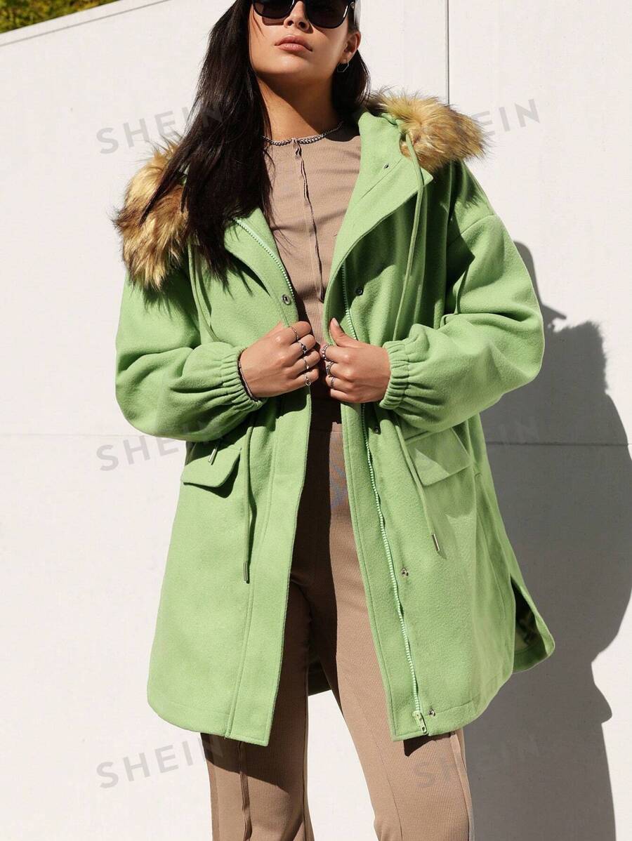 SHEIN EZwear Abrigo De Lana Con Capucha Y Cuello Para Mujer, Color Liso