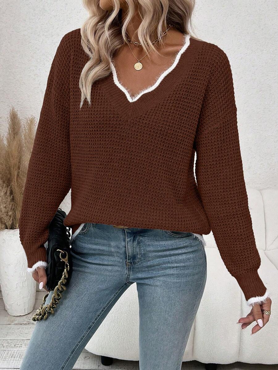 SHEIN Clasi Viền tương phản Thả vai Áo len - Rỉ Nâu - Xem 1