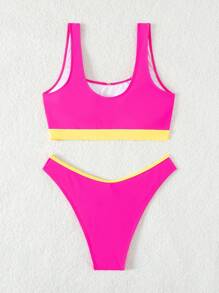 SHEIN Swim SPRTY 女士拼色比基尼套裝 - 粉色 - 查看 6