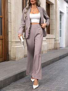 Chiquease Nút đơn Áo vest & Quần ống loe - Cà phê nâu - Xem 3