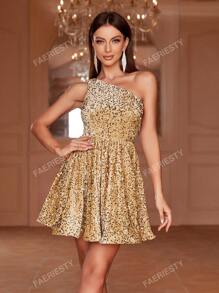 Single-Shoulder Sleeveless Sparkling Sequin Mini A-Line Party Dress For Summer Evening Events