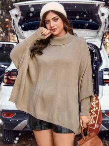 Calvaya 大碼高領蝙蝠袖不對稱下擺斗篷毛衣 - 卡其色 - 查看 5