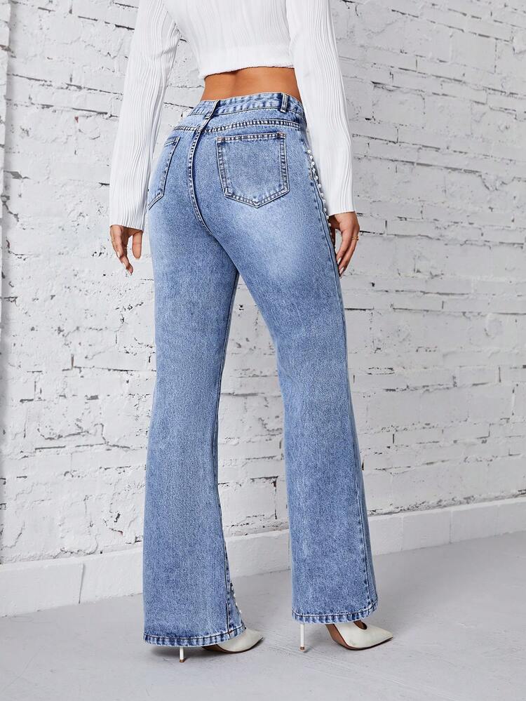 Jeans Flared Pants With Faux Pearl Stud Details