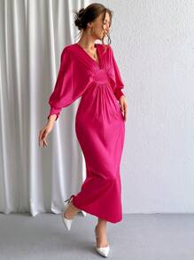 SHEIN Privé 深V領蝙蝠袖洋裝 - 玫紅色 - 查看 4
