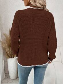 SHEIN Clasi Viền tương phản Thả vai Áo len - Rỉ Nâu - Xem 2
