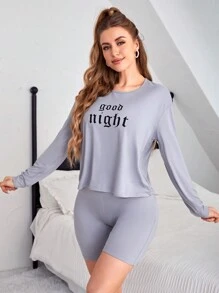 Slogan Graphic Drop Shoulder Tee & Shorts Lounge Set - Grey - View 5