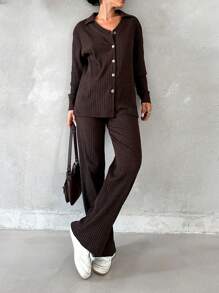 RueChic Drop Shoulder Button Front Tee & Pants - Brown - View 5