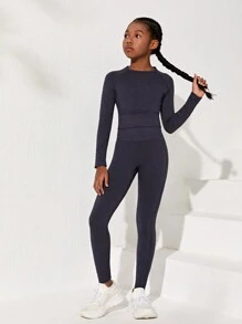 運動場合適用的青少年女童無縫針織純色長袖t恤和褲子套裝 - 霧霾藍 - 查看 6