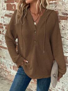 SHEIN LUNE Half Button Raglan Sleeve Drawstring Hoodie - Brown - View 4