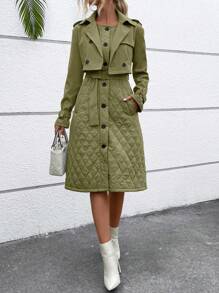 SHEIN Essnce 女款翻領雙排扣束帶風衣 - 軍綠色 - 查看 5