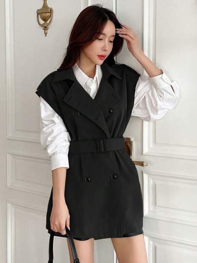 DAZY 雙排扣腰帶馬甲風衣