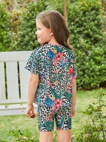 SHEIN 小女童1入組熱帶印花和豹紋印花T恤和1入組騎行褲 - 彩色 - 查看 2