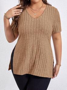 SHEIN Essnce 大碼下擺開叉條紋針織T恤 - 駝色 - 查看 4