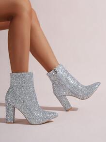 Giày bốt cao gót đến mắt cá chân cho nữ, Giày bốt gót dày mới cho mùa thu/đông, Giày bốt cao gót mũi nhọn, Giày bốt ôm vừa vặn, Thời trang Châu Âu và Mỹ, Giày bốt cho nữ, Trang phục dự tiệc - Bạc - Xem 3