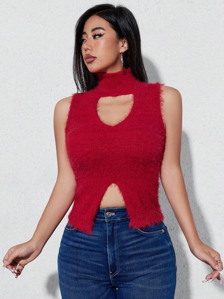 Cut Out Front Split Hem Fluffy Knit Top