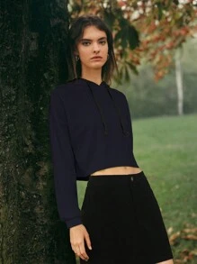 SHEIN EZwear Capucha crop de hombros caídos con cordón - Azul Marino - Ver 4