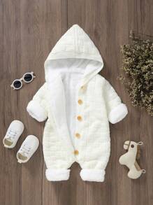SHEIN Baby Boy Button Front Thermal Knit Hooded Jumpsuit - White - View 1