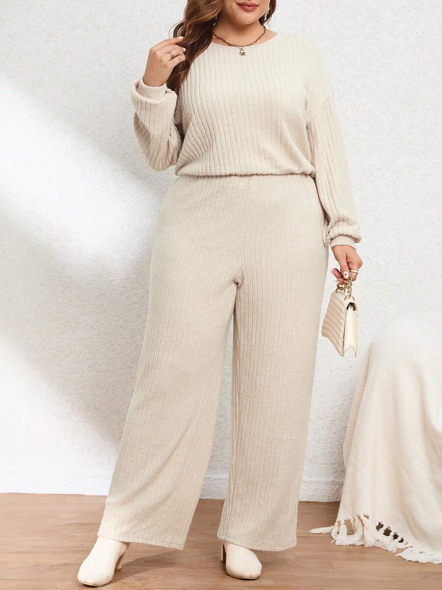 SHEIN Essnce Kích thước lớn Tay áo dài Sọc Áo liền quần - Màu be - Xem 1