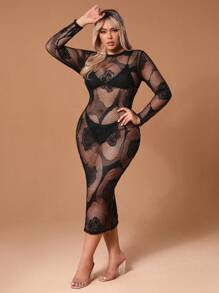 SHEIN SXY 大尺碼女性修身鑲空蕾絲網身連身裙性感情人節俱樂部裝 - 黑色 - 查看 1