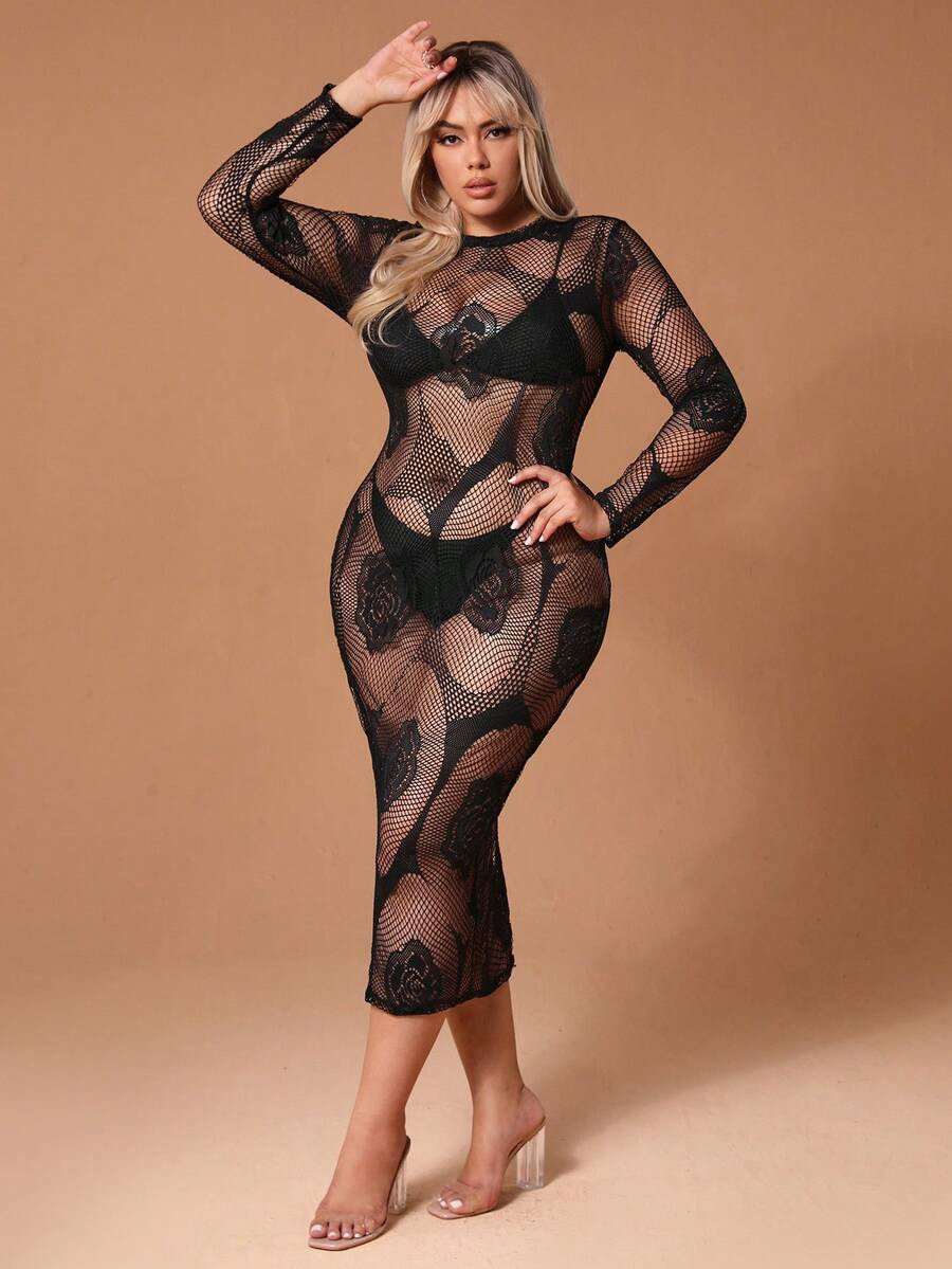SHEIN SXY 大尺碼女性修身鑲空蕾絲網身連身裙性感情人節俱樂部裝 - 黑色 - 查看 1