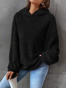 SHEIN EZwear Thả vai Flannel Hoodie - màu đen - Xem 1