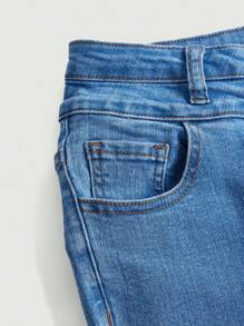 SHEIN 少女實色喇叭廓形牛仔褲 - 中等水洗藍 - 查看 4