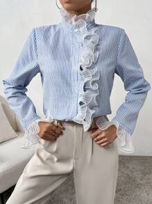 SHEIN Privé 條紋印花荷葉邊荷葉袖前紐扣襯衫 - 藍色 - 查看 4