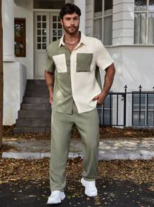 Manfinity Homme 男士大码雙色口袋貼布襯衫和褲子 - 彩色 - 查看 6