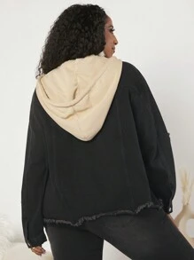 SHEIN CURVE+ Women's Plus Size Hooded Color Block Denim Jacket - Black - View 4