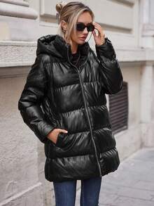 EURMUSE 拉鏈開襟連帽麵包服 - 黑色 - 查看 4