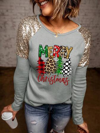 Tricou cu mânecă raglan cu paiete în contrast cu imprimeu de Crăciun