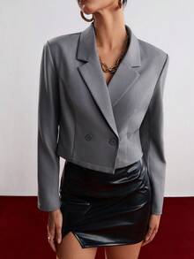 BizChic Solid Color Lapel Double Breasted Suit Jacket - Grey - View 4