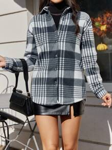 SHEIN Cottnline Women'S Plaid Notched Collar Drop Shoulder Regular Jacket - Black and White - View 4