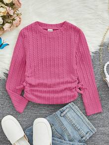 SHEIN 女大童素色褶邊側打結T恤 - 玫紅色 - 查看 4