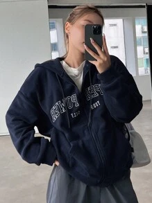 DAZY Women's Autumn/Winter Letter Embroidery Hooded Loose Casual Sweatshirt Jacket Zip Up - Navy Blue - View 1