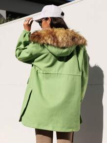 SHEIN EZwear Abrigo De Lana Con Capucha Y Cuello Para Mujer, Color Liso