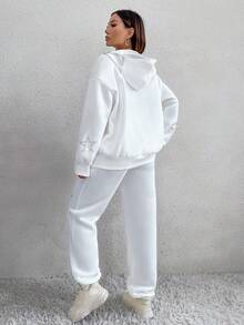 SHEIN Unity 字母圖形下垂肩束口帽衫和運動長褲 - 白色 - 查看 2