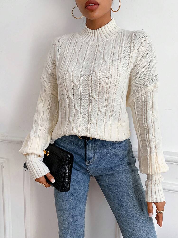 Mock Neck Drop Shoulder Cable Knit Pullover Fall Winter Sweater