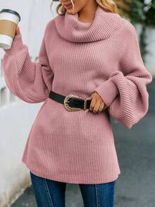 Simplee 女款純色垂墜領落肩毛衣(無腰帶) - 粉色 - 查看 4