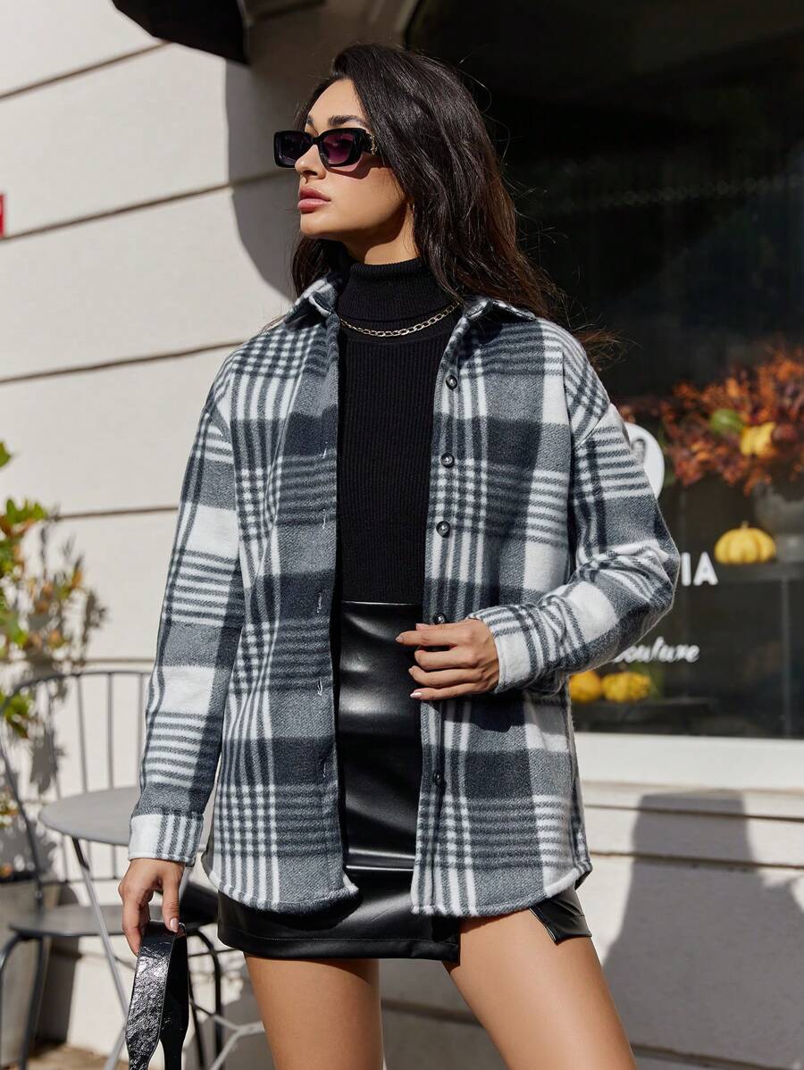 SHEIN Cottnline Women'S Plaid Notched Collar Drop Shoulder Regular Jacket - Black and White - View 1