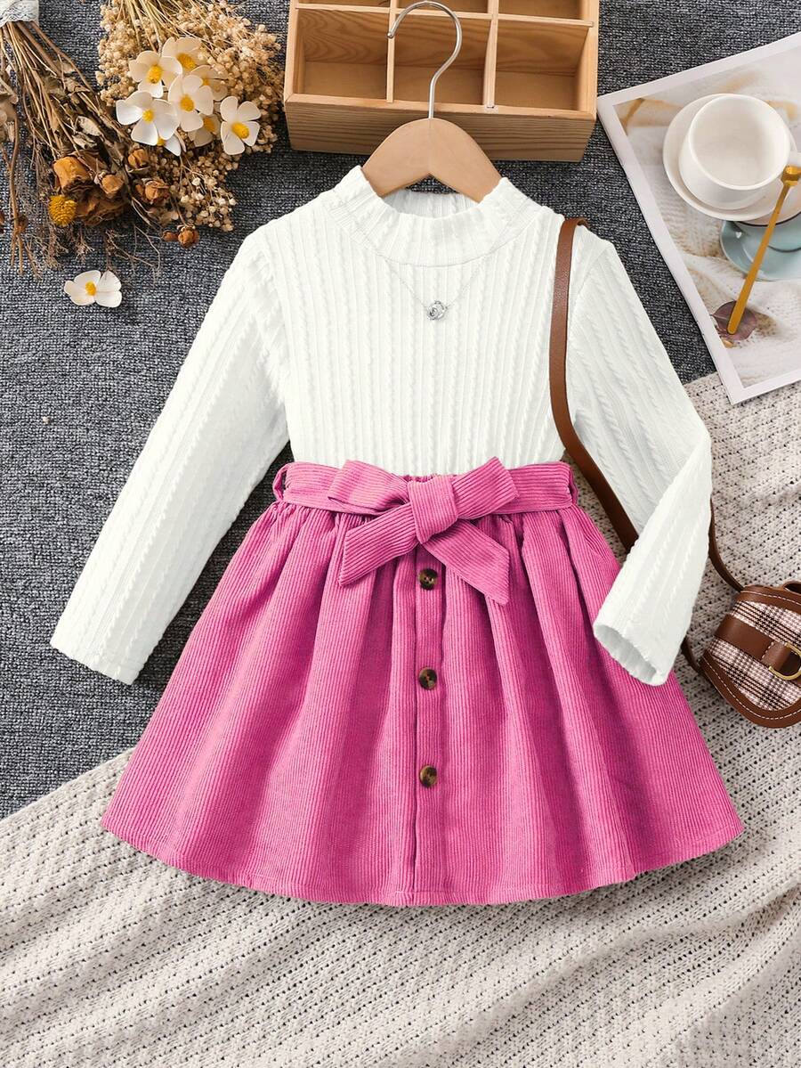 SHEIN 年輕女孩高領t恤和束腰裙 - 玫紅色 - 查看 1