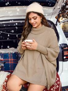 Calvaya 大碼高領蝙蝠袖不對稱下擺斗篷毛衣 - 卡其色 - 查看 3