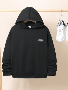 SHEIN Áo nỉ tay lửng dành cho bé trai tuổi teen, họa tiết chữ in và chi tiết vá. - màu đen - Xem 2