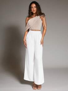 SHEIN BAE 女用褶襉闊腿褲 - 白色 - 查看 4