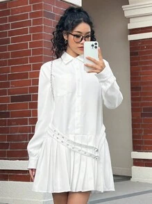 SHEIN MOD 純色釦式前排扣褶邊扣帶腰帶襯衫連衣裙 - 白色 - 查看 1
