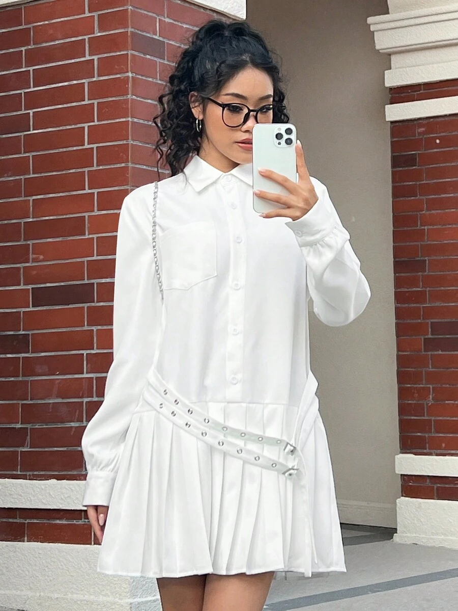 SHEIN MOD 純色釦式前排扣褶邊扣帶腰帶襯衫連衣裙 - 白色 - 查看 1