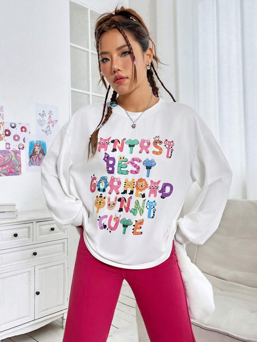 SHEIN EZwear Damen-t-shirt Mit Cartoon-buchstaben-print - Weiss - Übersicht 1