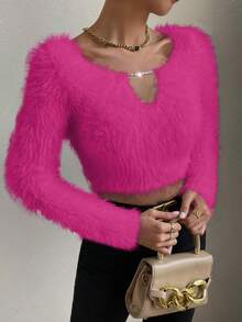 SHEIN Essnce Rhinestone Detail Fluffy Knit Crop Sweater - Hot Pink - View 5